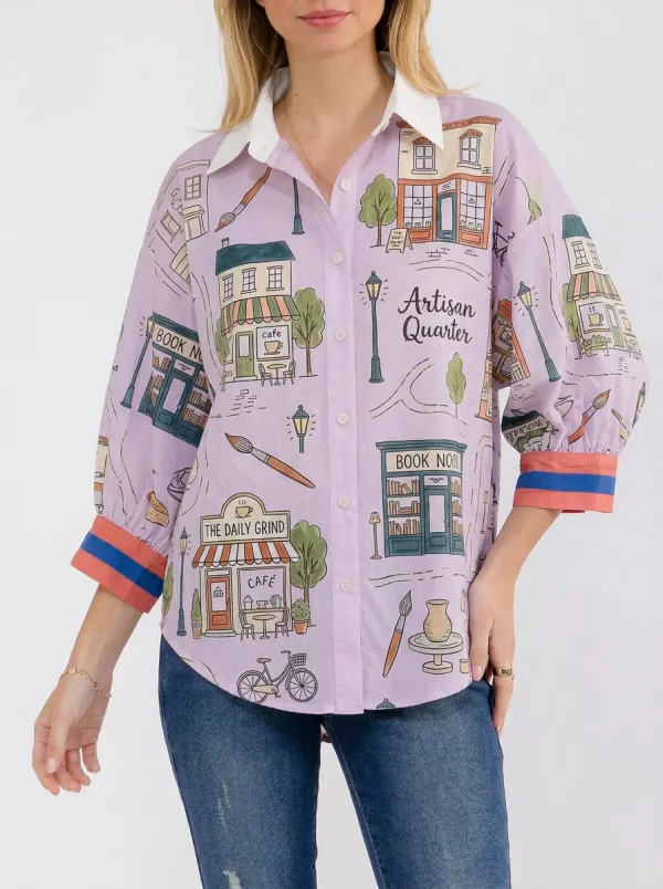 Women's Artisan Quarter Town Street Graphic Button-Up Shirt