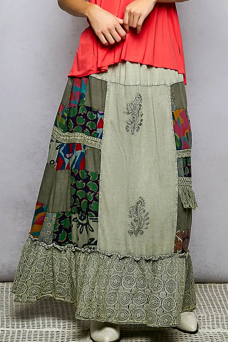 Printed Patchwork Embroidered Ruffled Skirt Maxi