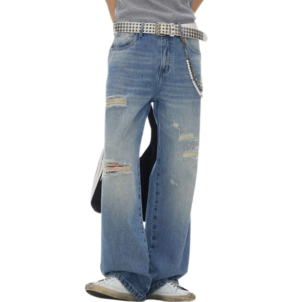 Straight Leg Distressed Ripped Denim Jeans