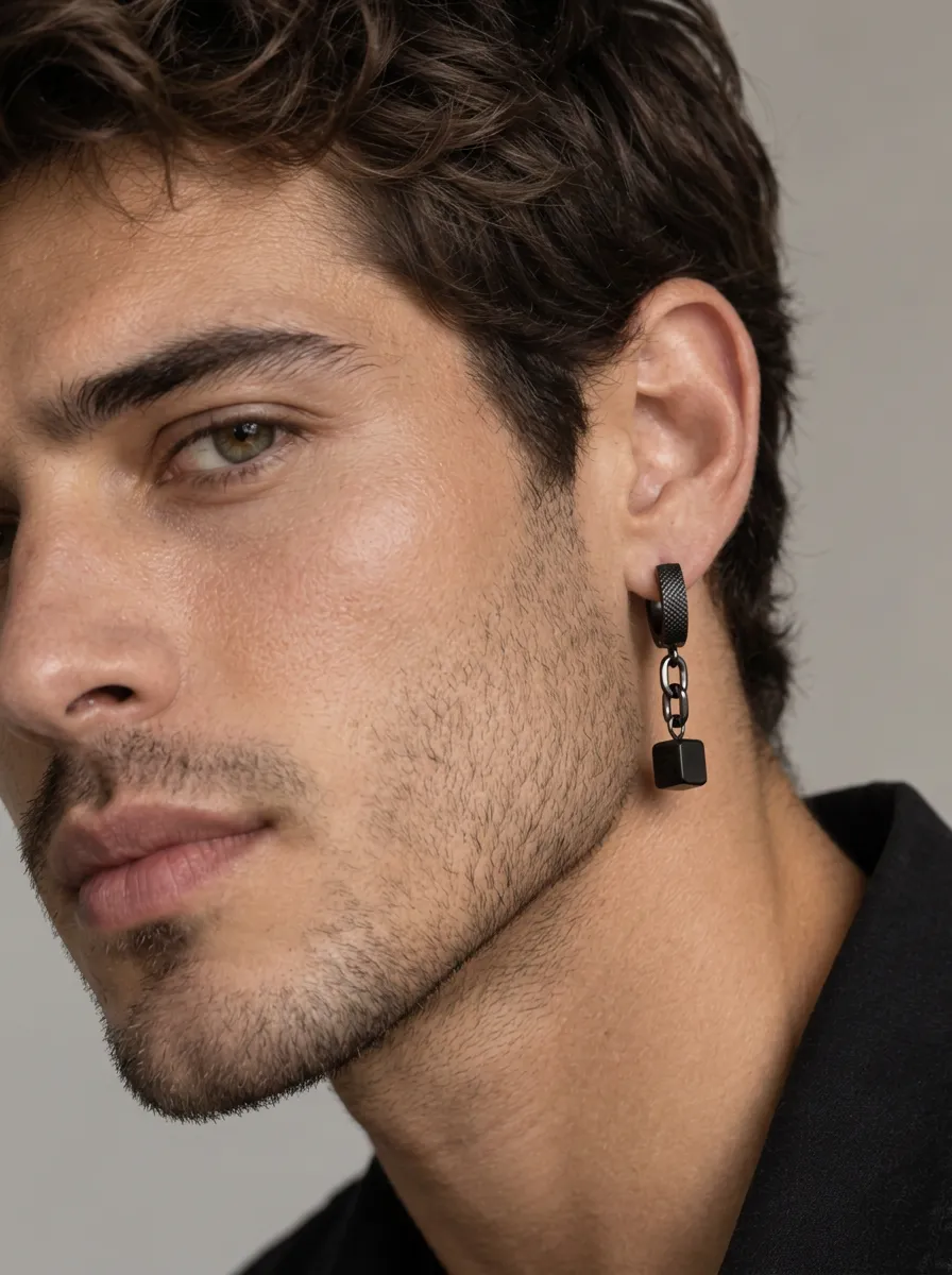 Men's Minimalist Cube Pendant Dangle Hoop Earrings