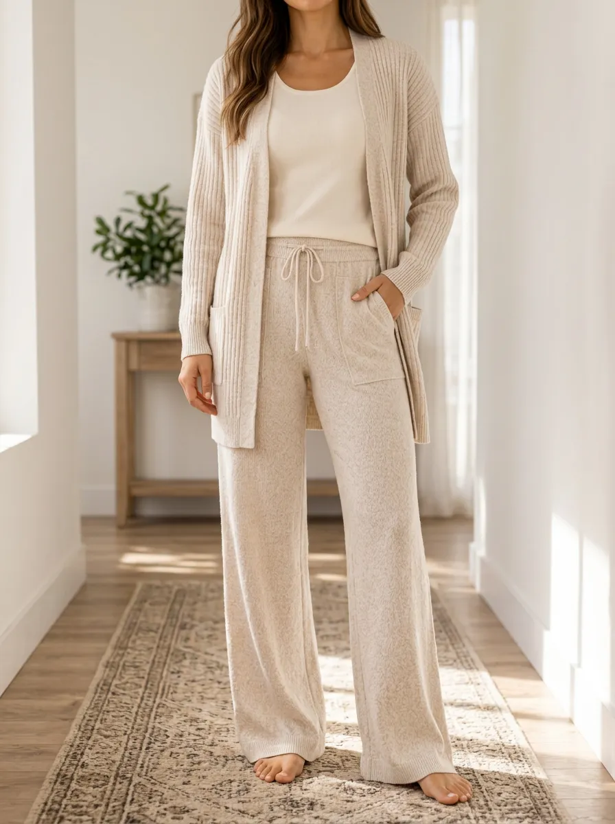 Women's Lounge Ribbed Knit Cardigan Tank Top And Wide Leg Pants Three Piece Set