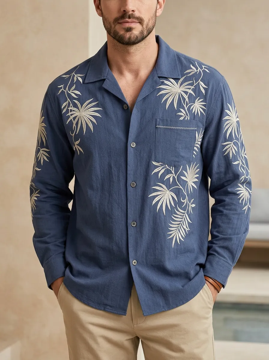 Men's Resort Inspired Palm Leaf Botanical Embroidered Long Sleeve Shirt