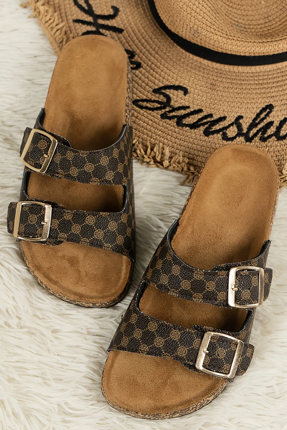Geometric Print Cut Out Buckle Pu Leather Flat Slide Slippers