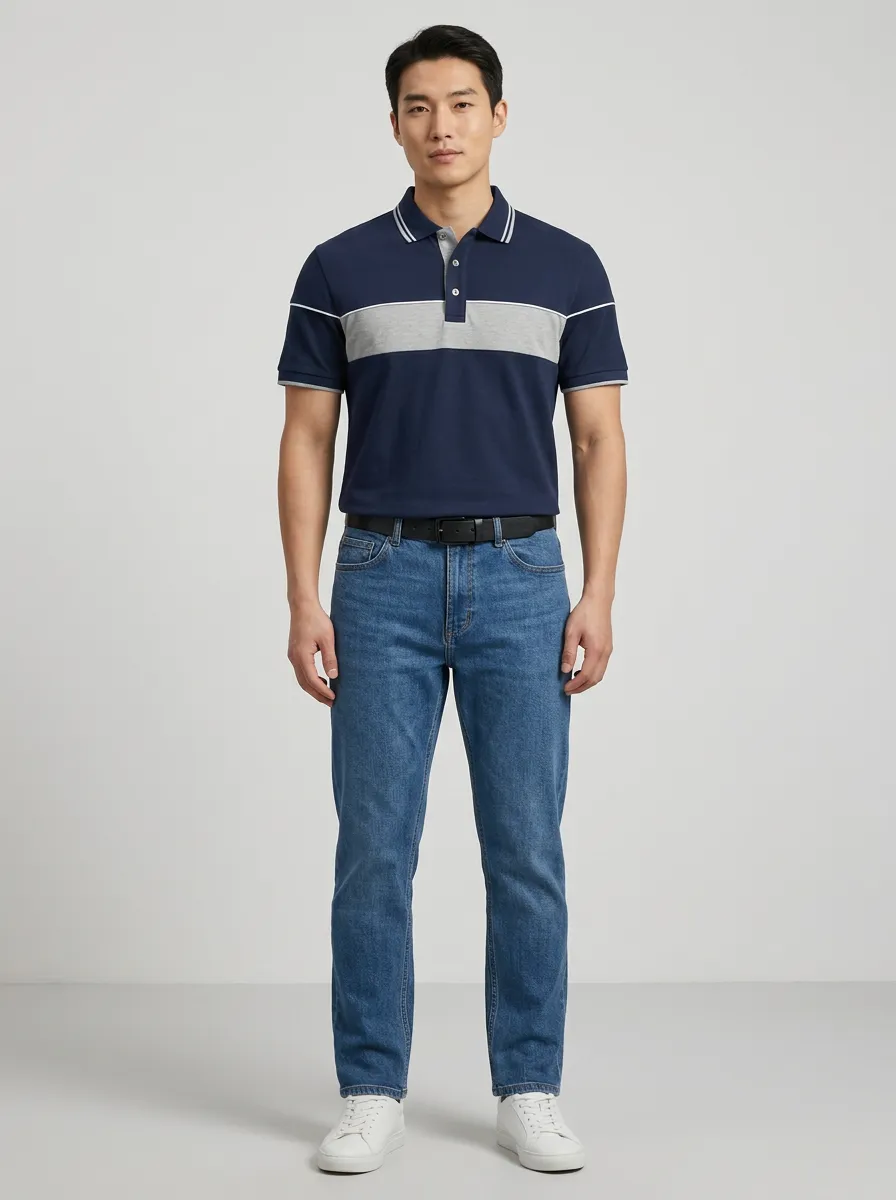 Men's Casual Business Colorblock Striped Polo Shirt