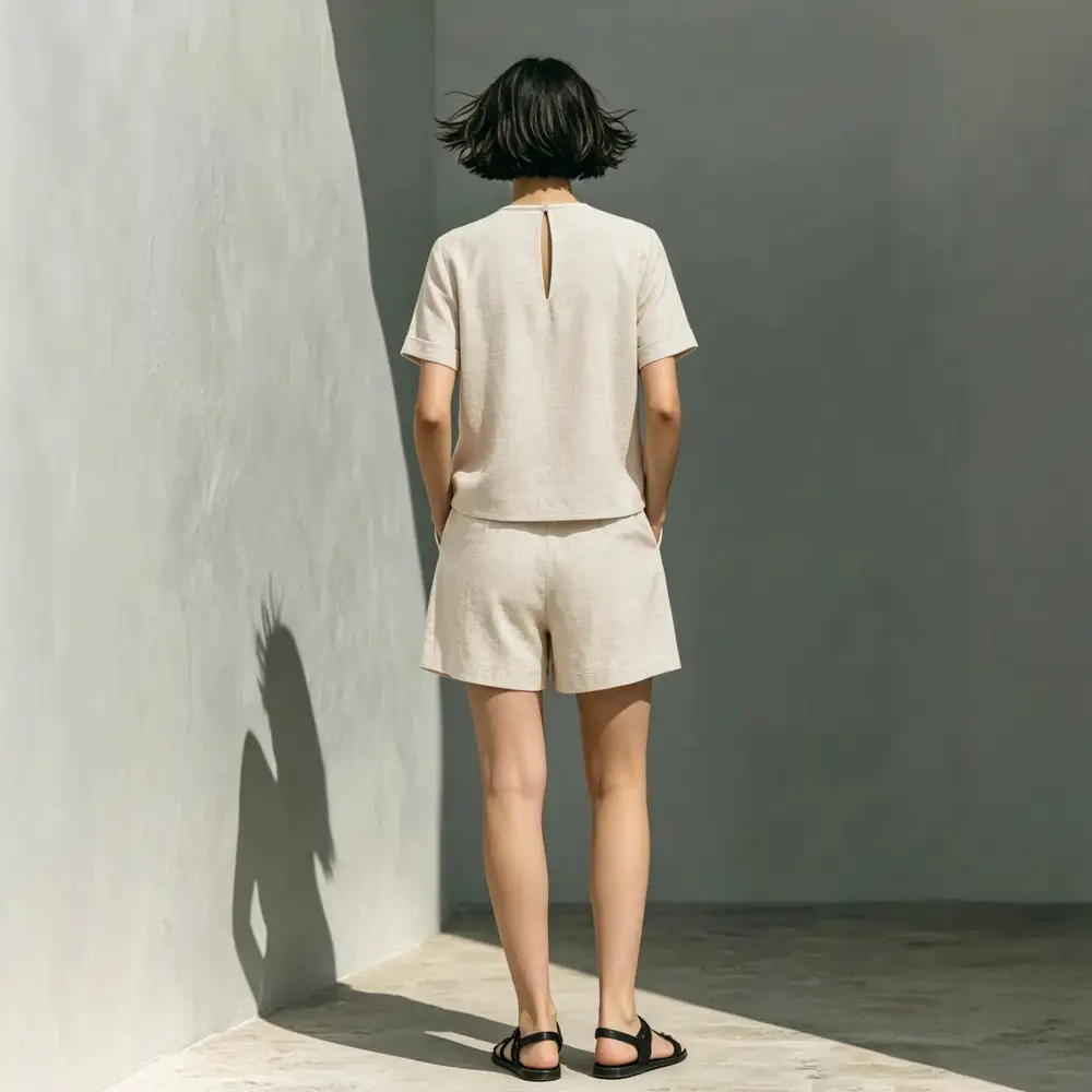 Elastic-Waist Short-Sleeve Linen Women's Matching Set