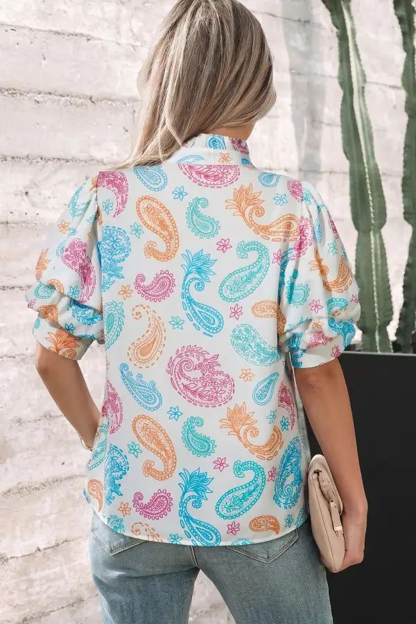 Women's Paisley Print Keyhole Puff Sleeve Top