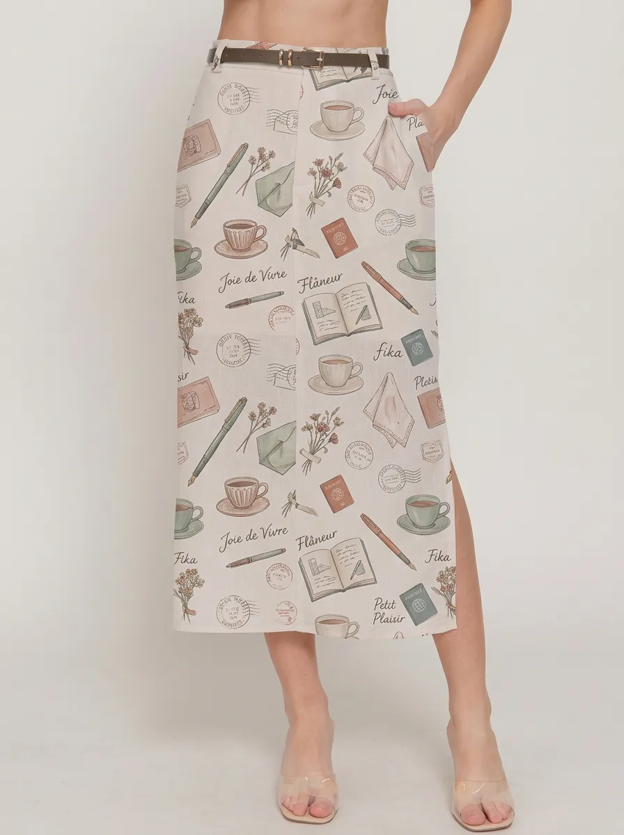 Women's Coffee Travel Stationery Aesthetic Printed Midi Skirt