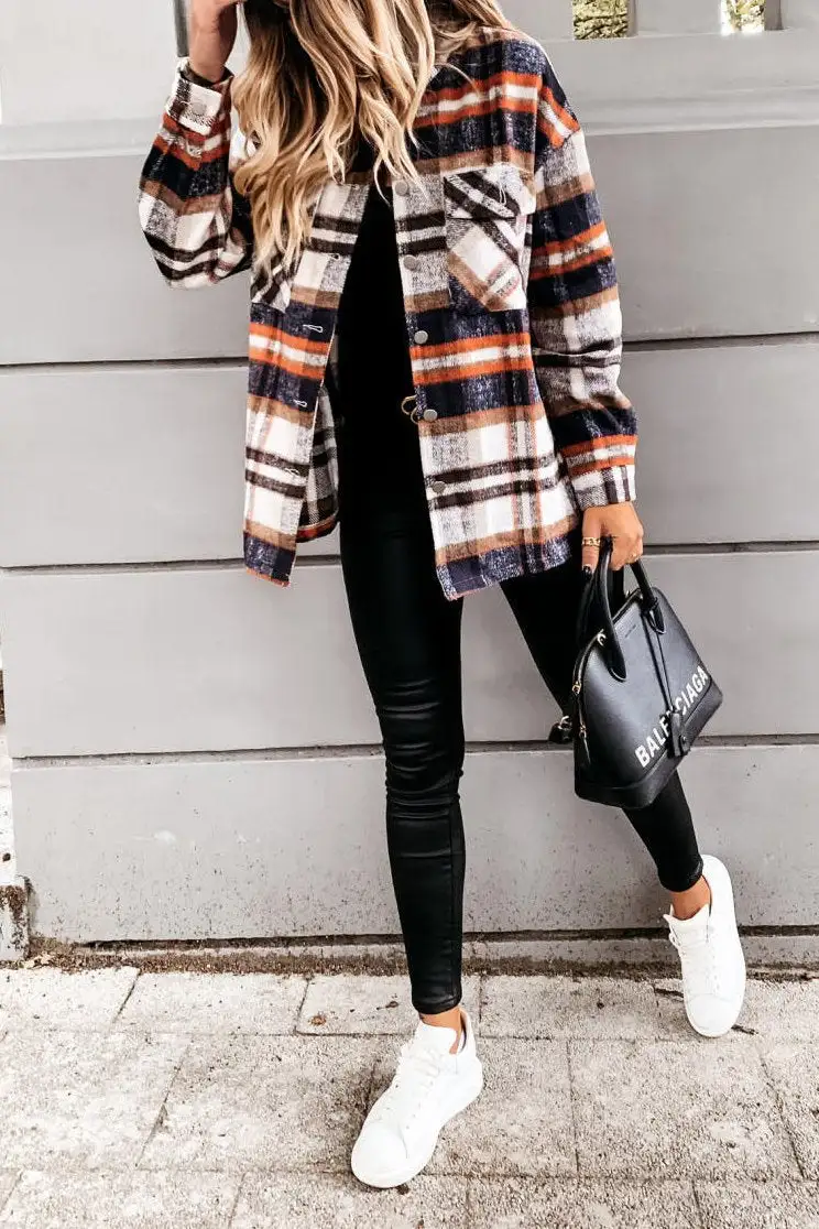 Casual Lapel  Button Plaid Pocket Coat