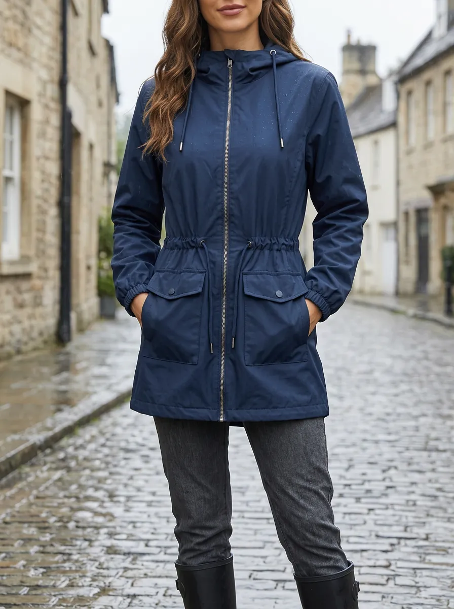 Women's Navy Blue Hooded Waterproof Rain Jacket with a Drawstring Waist