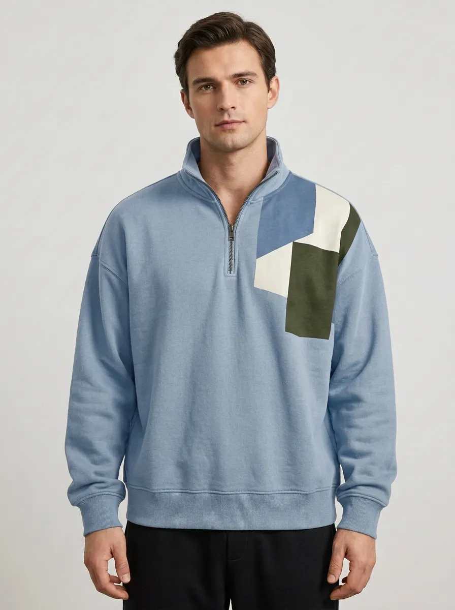 Casual Half-Zip Geometric Colorblock Men's Half-Zip Sweatshirt