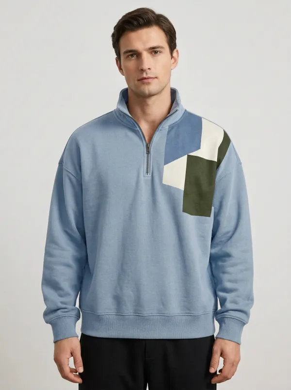 Casual Half-Zip Geometric Colorblock Men's Half-Zip Sweatshirt