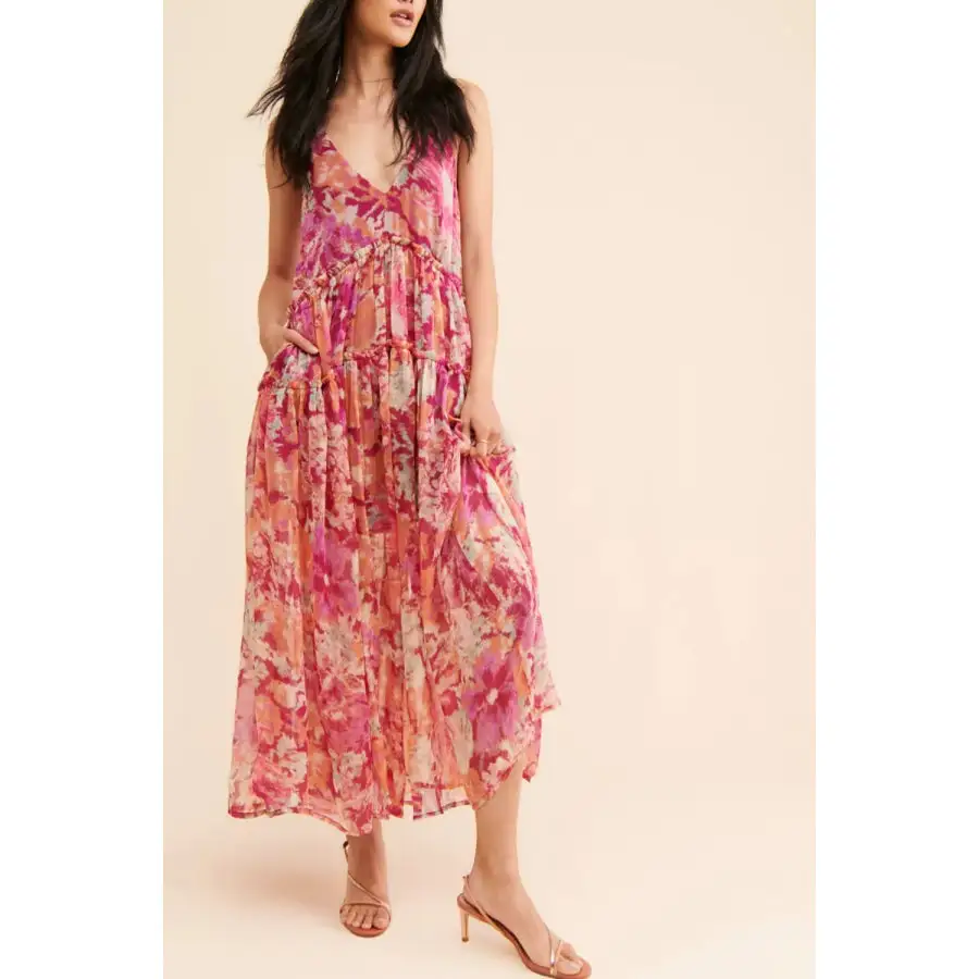 Frill Printed V-neck Midi Dress