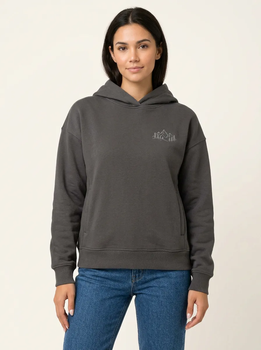 Women's Mountain-Pine Line-Art Crossover-Neck Side-Pocket Hoodie