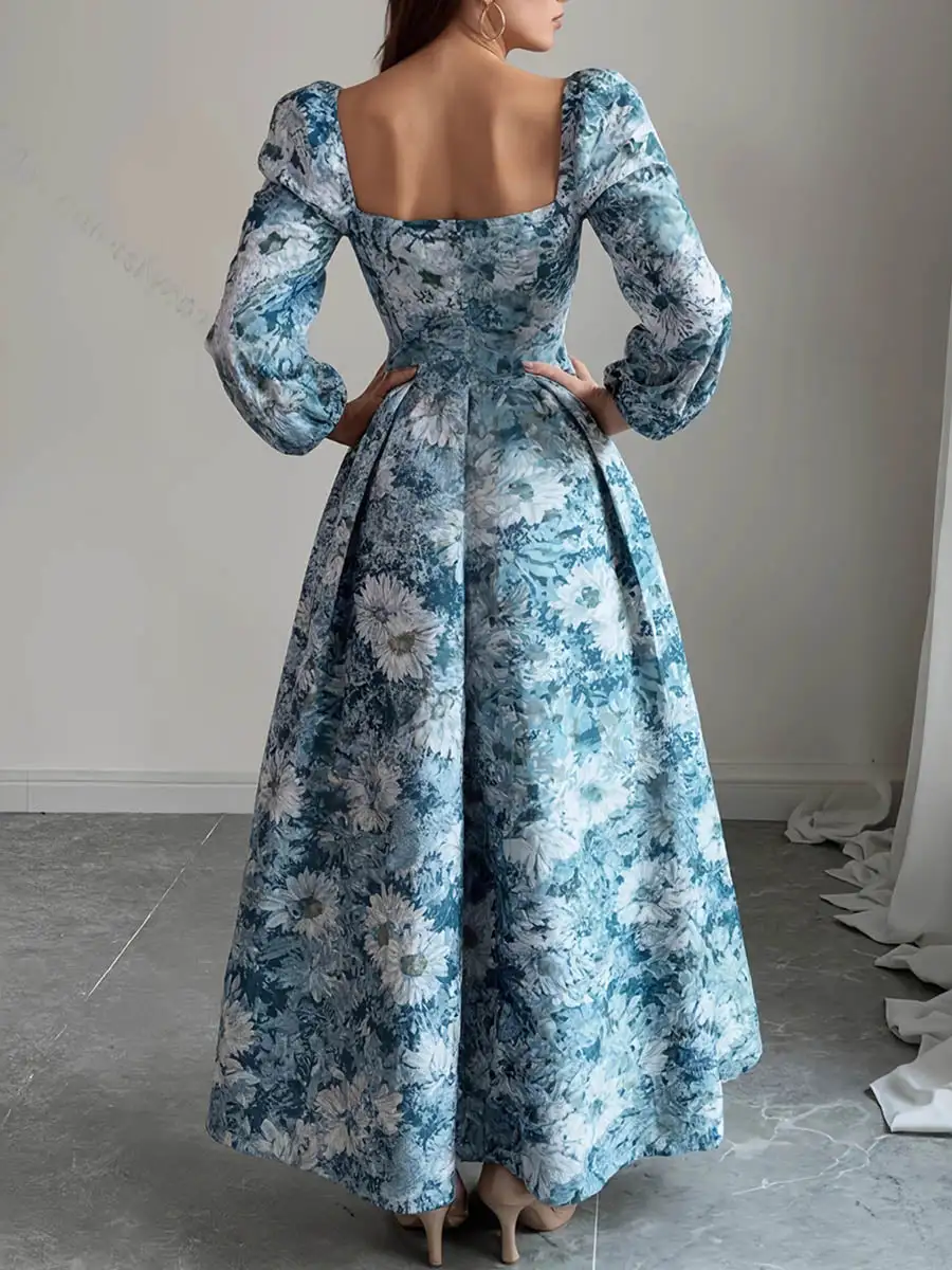 Square Pleated Neck Maxi Dress