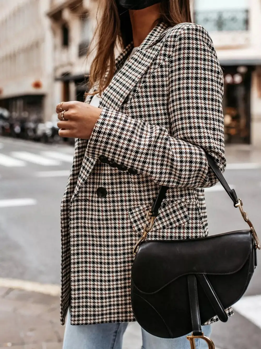 Double-Breasted Houndstooth Blazer
