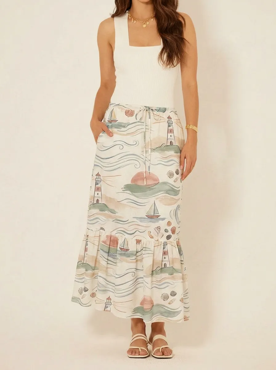 Women's Nautical Beach Lover Lighthouse Sailboat Printed Midi Skirt