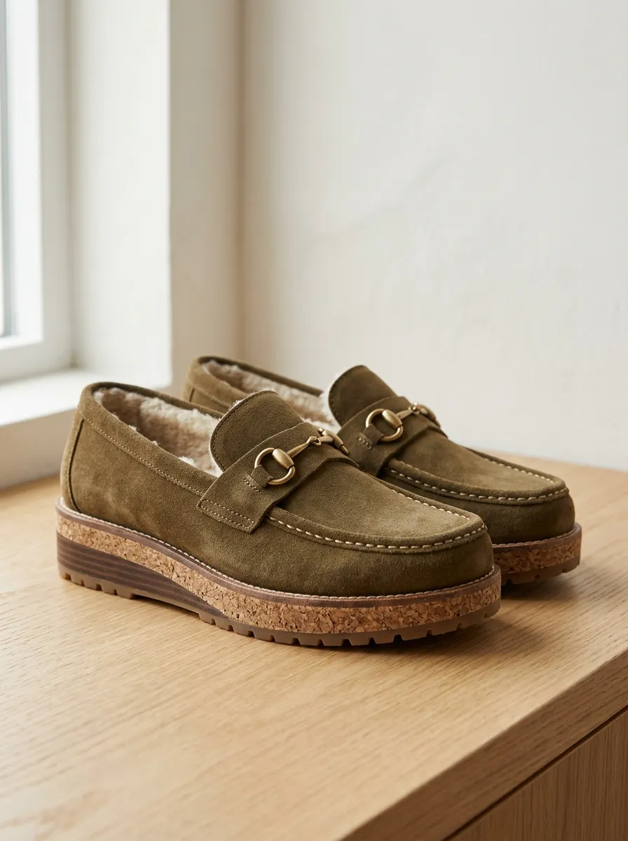 Women's Rugged Faux Fur Lined Metal Detail Suede Wood Sole Loafers
