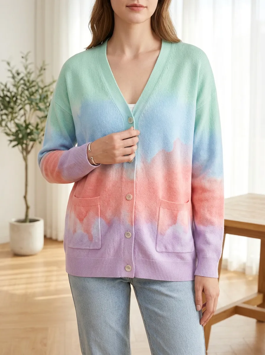 Women's Pastel Tie-Dye Pattern Printed Relaxed Fit Casual Everyday Cardigan