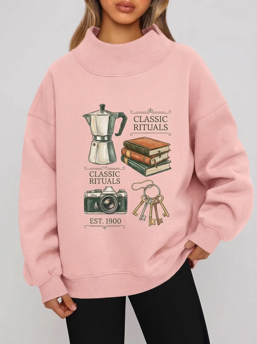 Women's Coffee Book Camera Keys Graphic Sweatshirt