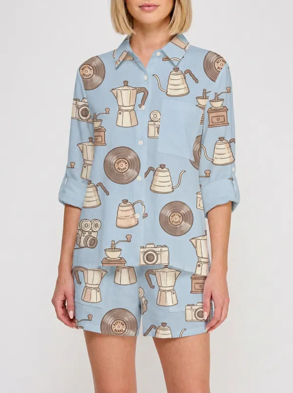 Women's Coffee Vinyl Camera Hobby Printed Button-up Shirt