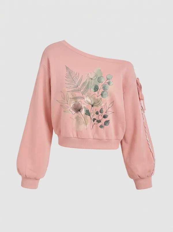 Women's Botanical Nature Lover Watercolor Floral Printed Off-shoulder Sweatshirt