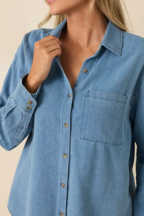 Button-Up Long-Sleeve Collared Cotton-Twill Top