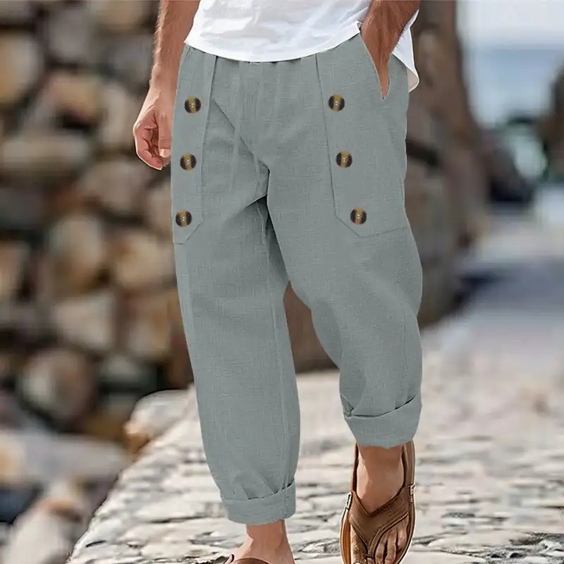 Button Detail Linen-Blend Cropped Pants