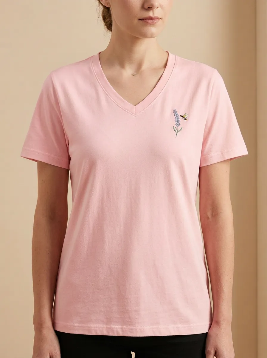 Women's Lavender & Bee Relaxed Embroidered V-Neck T-Shirt