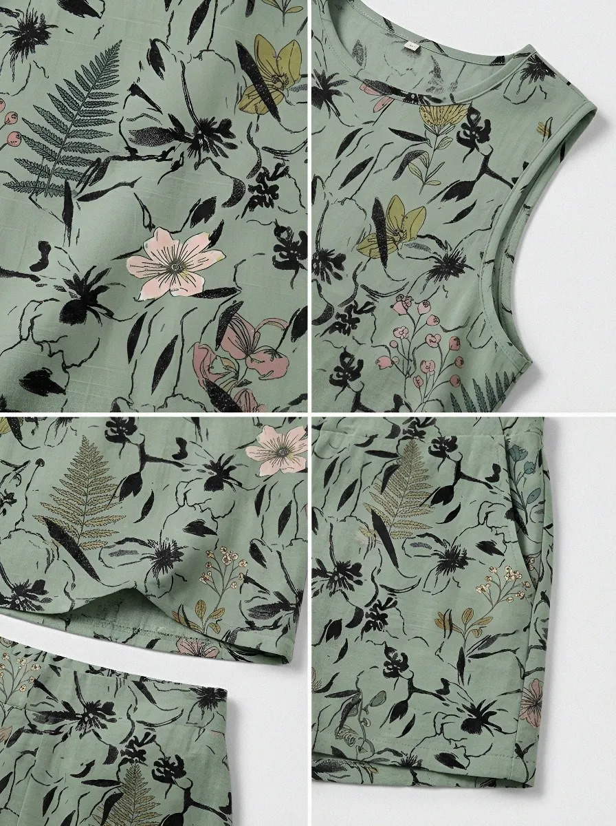 Women's Botanical Floral Fern Printed Sleeveless Short Set