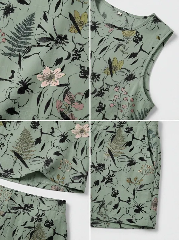 Women's Botanical Floral Fern Printed Sleeveless Short Set