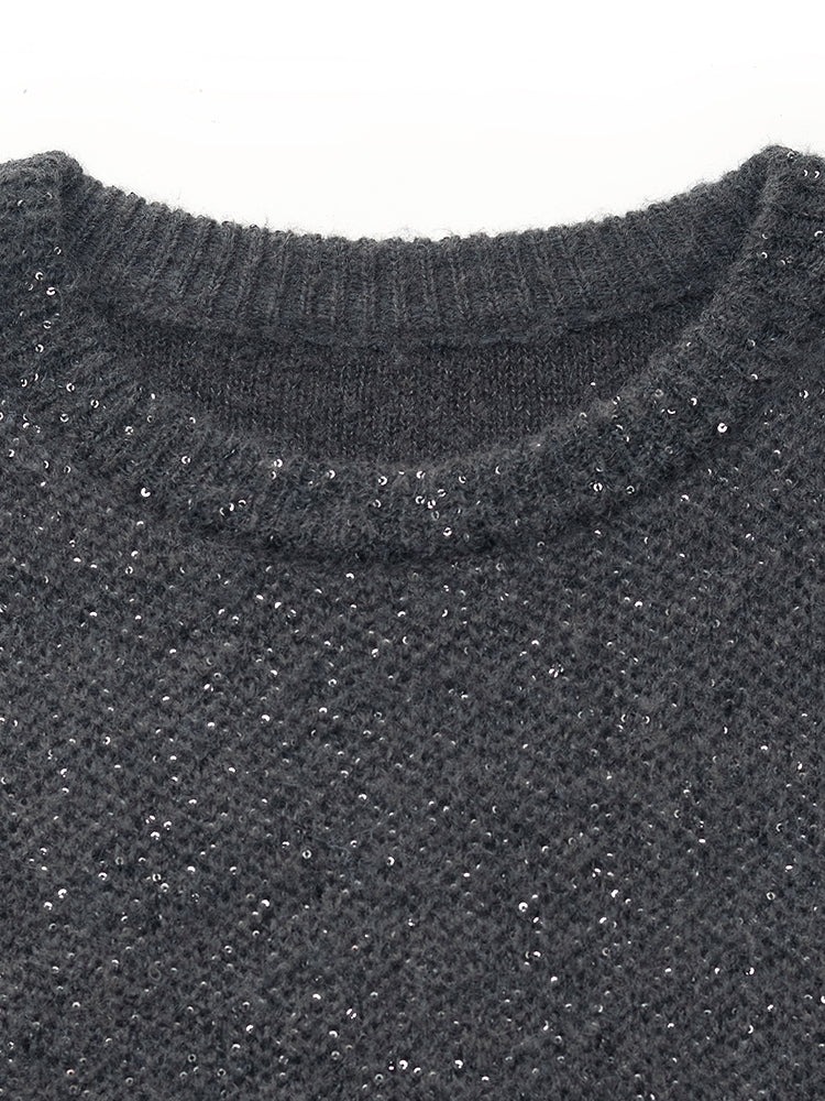 Charcoal Grey Wool Blend Sequins Women Sweater
