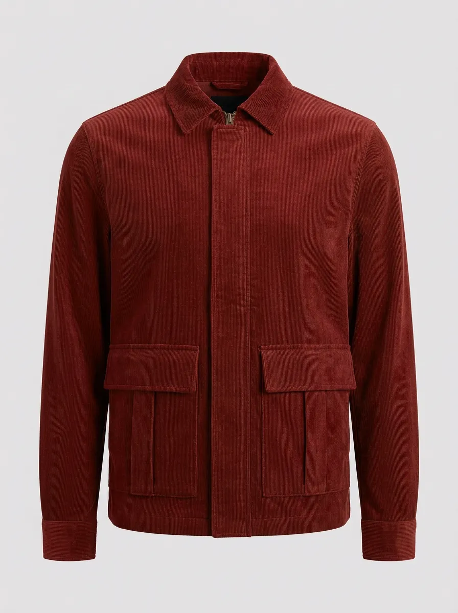 Men's Olive Green Corduroy Utility Zip-up Jacket