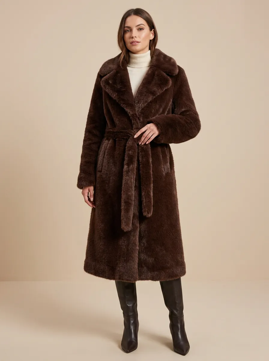 Notched Lapel Solid Faux Fur Coat
