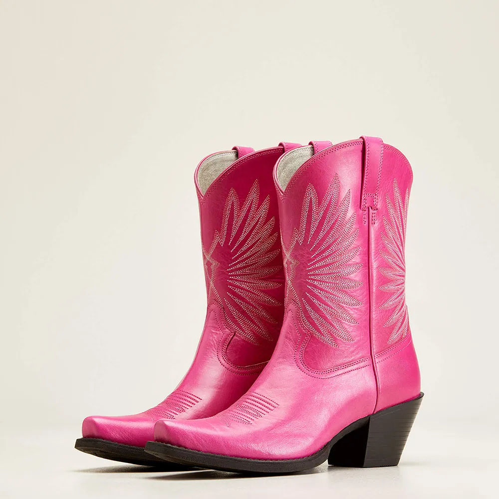 Embroidered Snip-Toe Chunky-Heel Platform Mid-Calf Boots