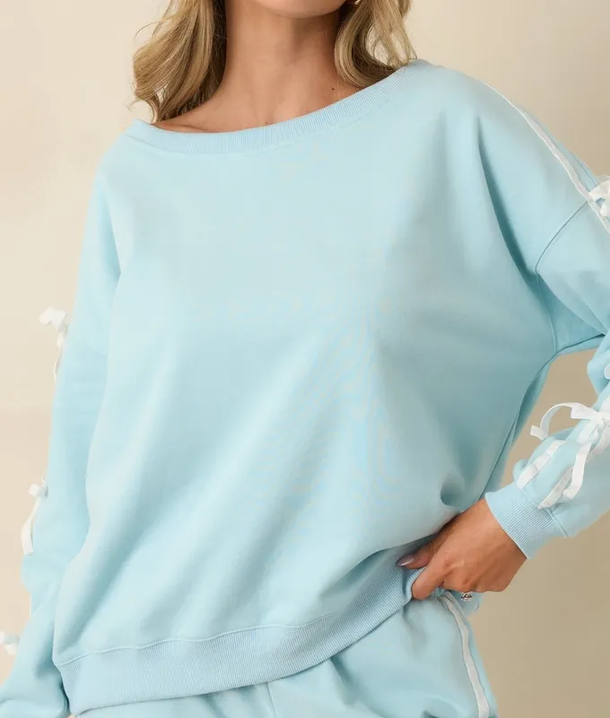 Aqua Tie-Detail Scoop Neck Sweatshirt