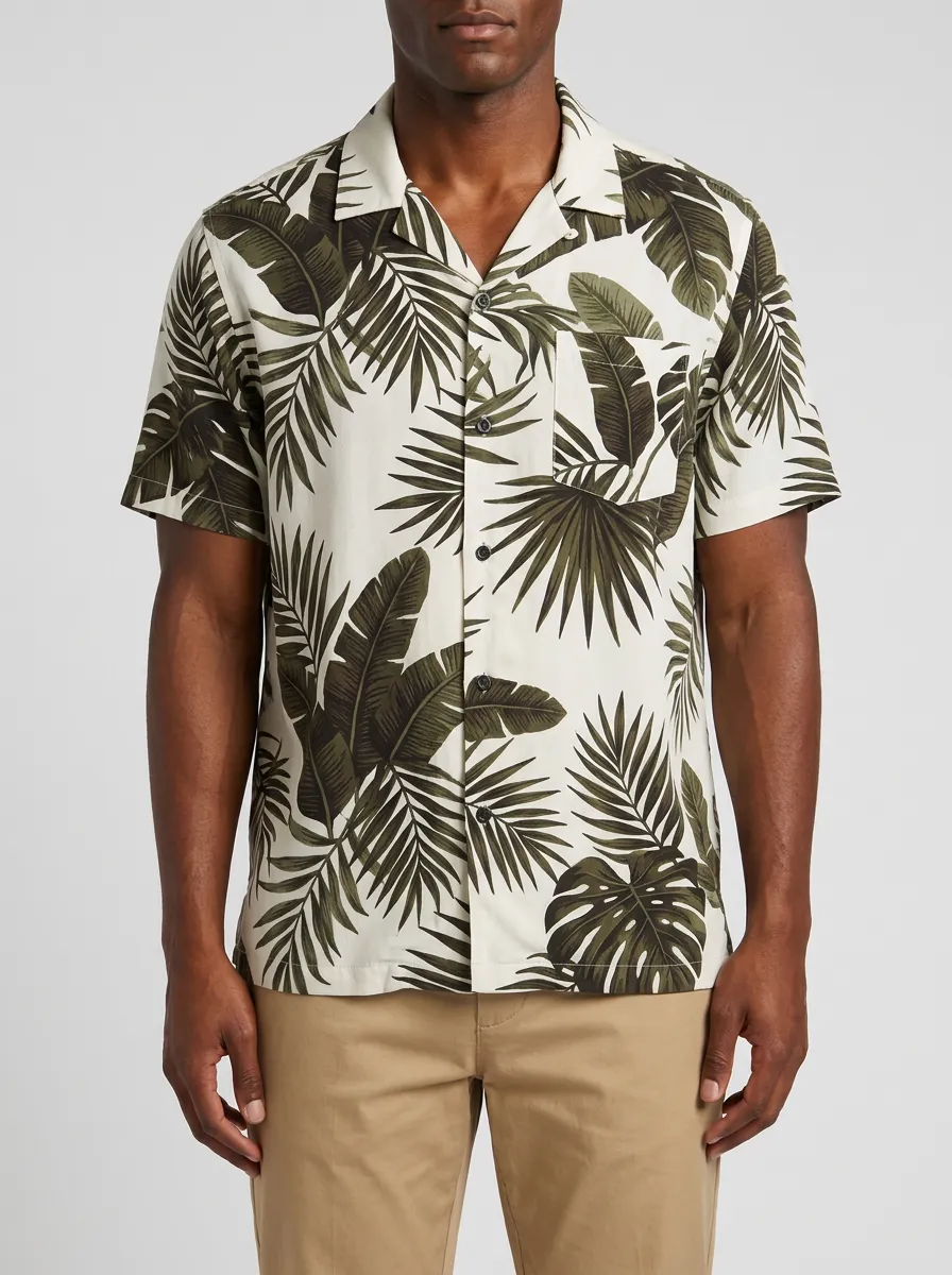 Men's Tropical Leaf Print Camp Collar Shirt with Full-length button-down front placket