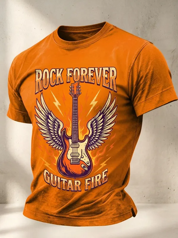 Unisex Rock Music Lover Winged Guitar Fire Printed T-shirt