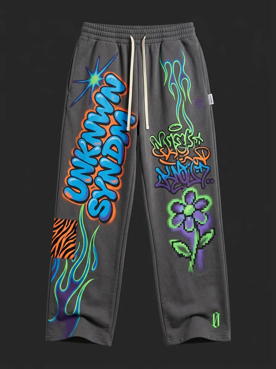 Men's Streetwear Graffiti Flame Flower Printed Joggers