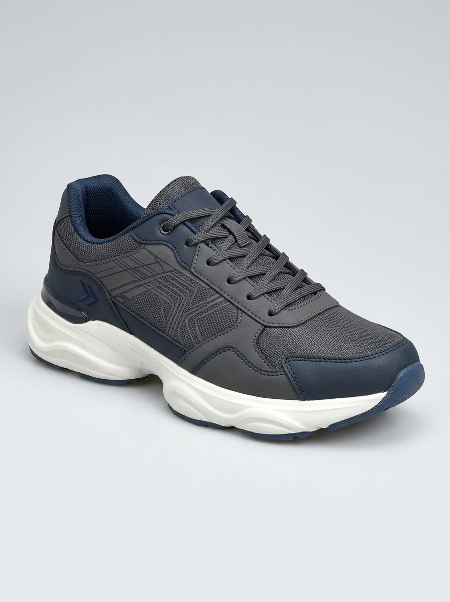 Men's Navy and Grey Paneled Athletic Sneakers