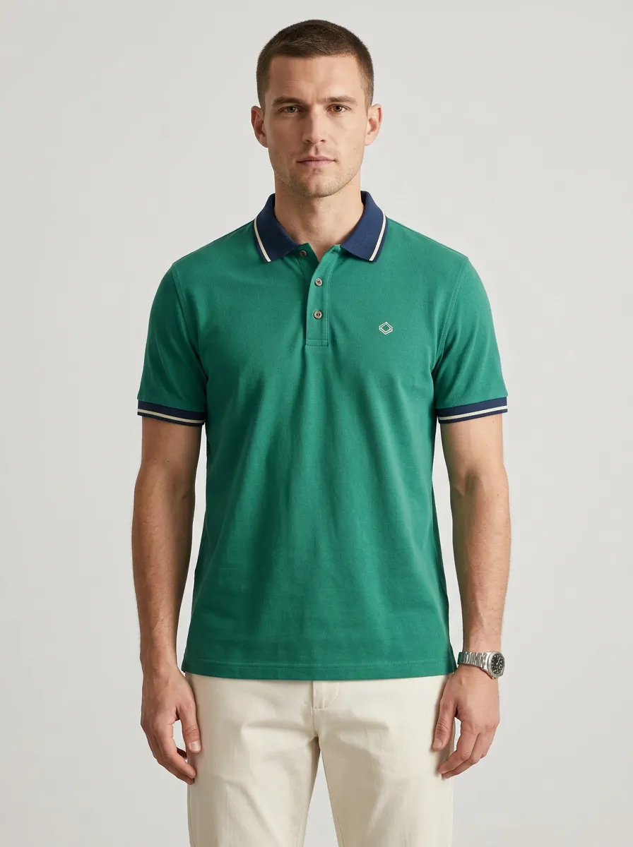 Men's Green Contrast Collar Embroidered Polo Shirt