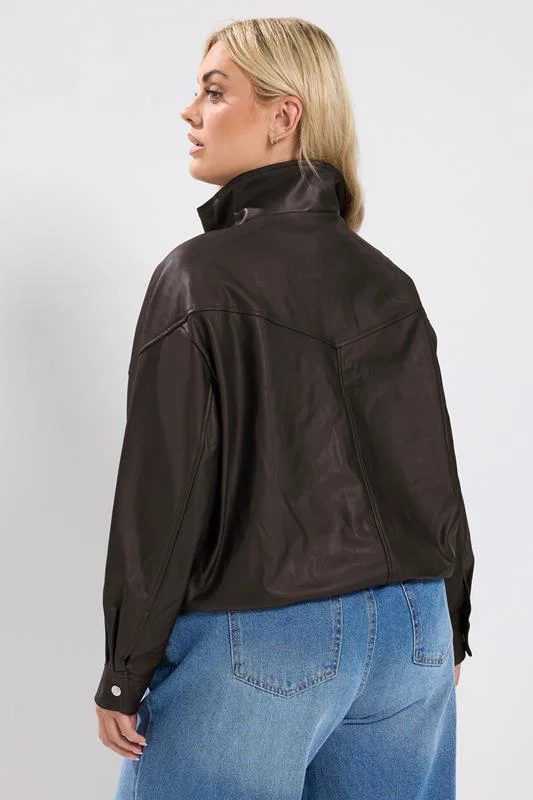 Chocolate Brown Faux Leather Funnel Neck Jacket detail 3