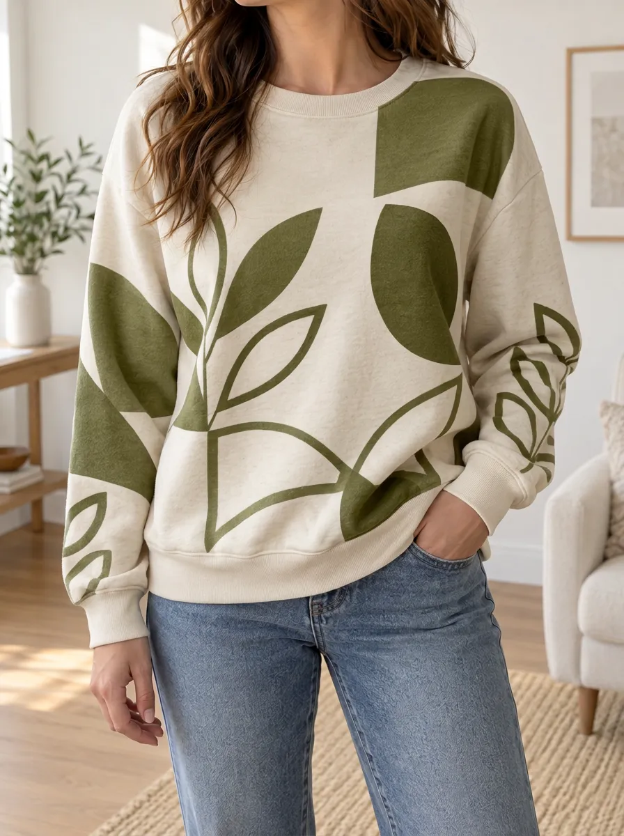 Women's and Olive Abstract Leaf Print Sweatshirt