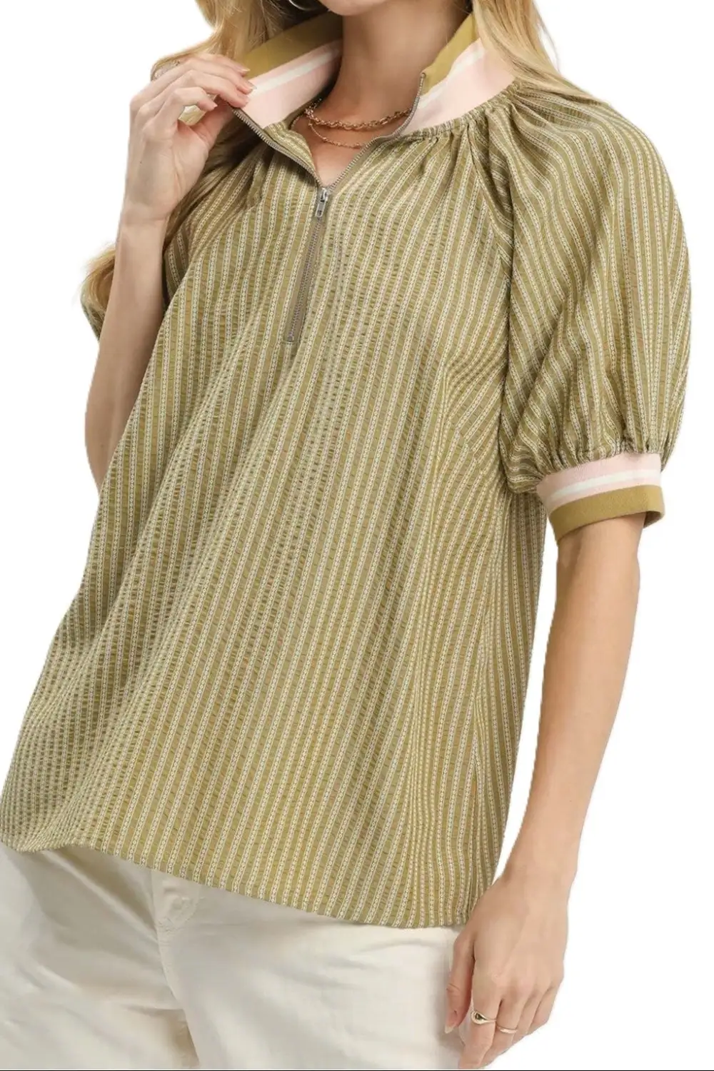 Puff Sleeve Half Zip Relaxed Top