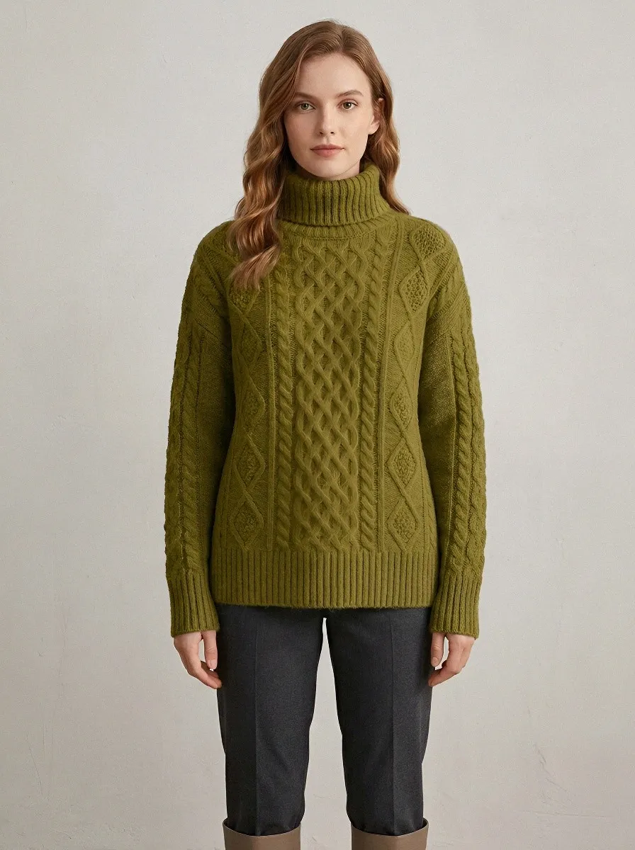 Women's Sage Green Cable Knit Patterned Turtleneck Sweater