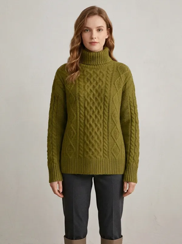 Women's Sage Green Cable Knit Patterned Turtleneck Sweater