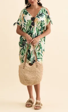 Above-Knee Floral Rayon Cold-Shoulder V-Neck Short-Sleeve Draped Kaftan