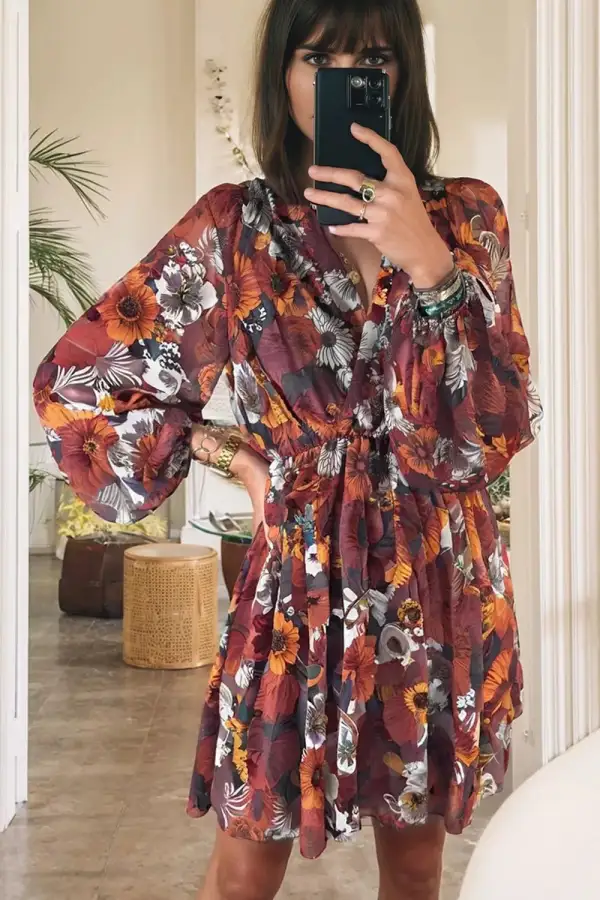 Layered Detail Floral Printed Mini Dress