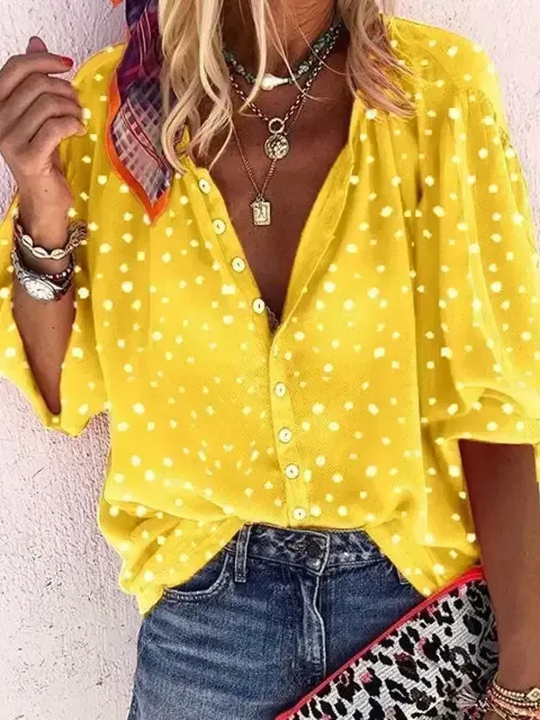 Women 3/4 Sleeve V-neck Polka dot Button Tops