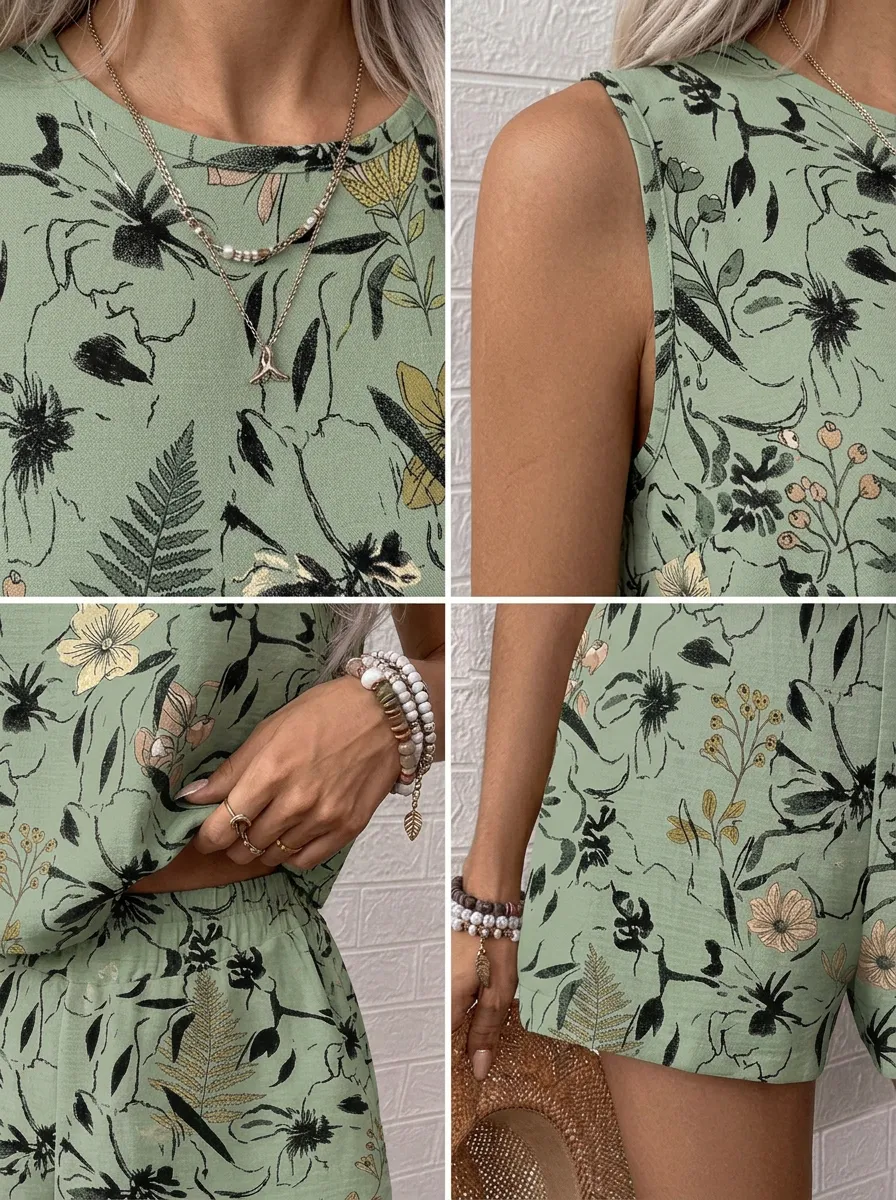 Women's Botanical Garden Floral Fern Printed Sleeveless Short Set