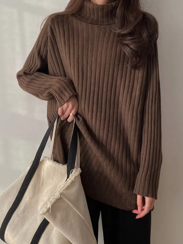 Casual Split Hem High Neck Long Sleeve Relaxed Fit Sweater